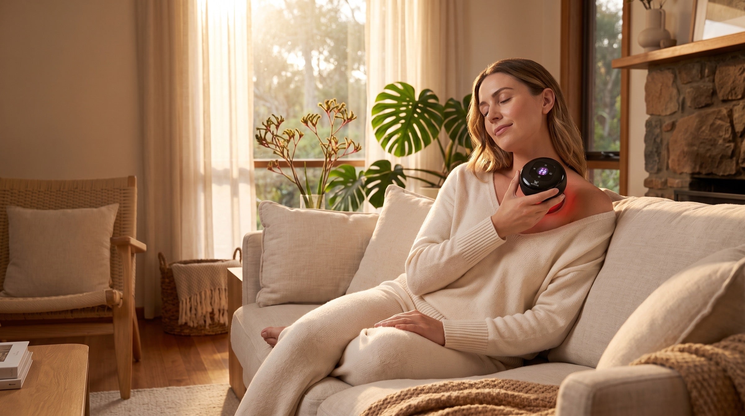 Woman relaxing at home with the RHYTIA smart cupping massager